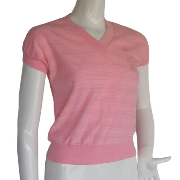 Elaine Reynolds Top, VINTAGE M/S, Pink Textured Terry, Short sleeve, V-neck - Picture 3 of 12
